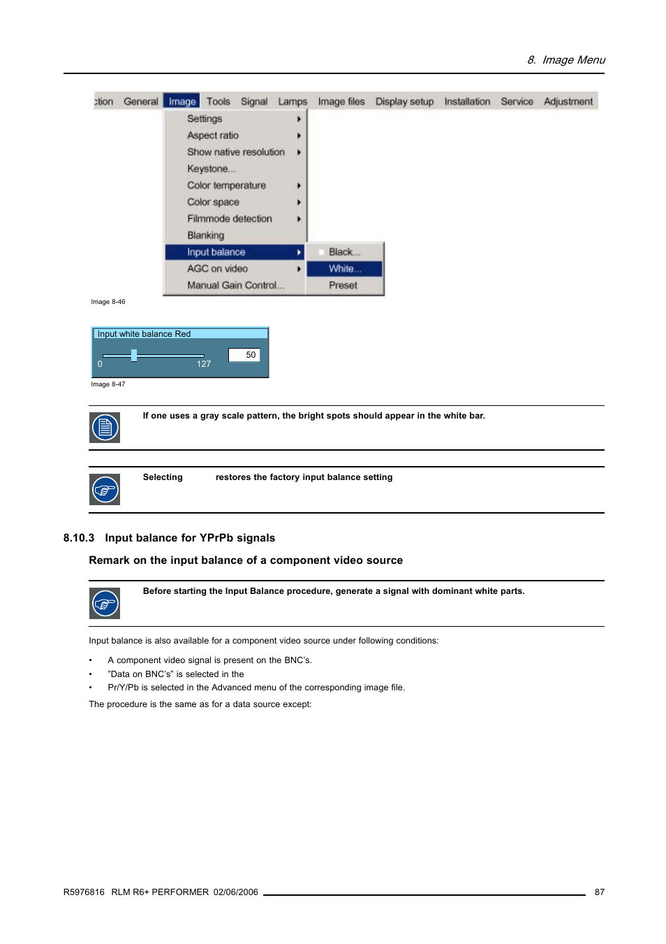 3 input balance for yprpb signals, Input balance for yprpb signals, Image menu | Barco RLM R6+ PERFORMER R9010270 User Manual | Page 91 / 165