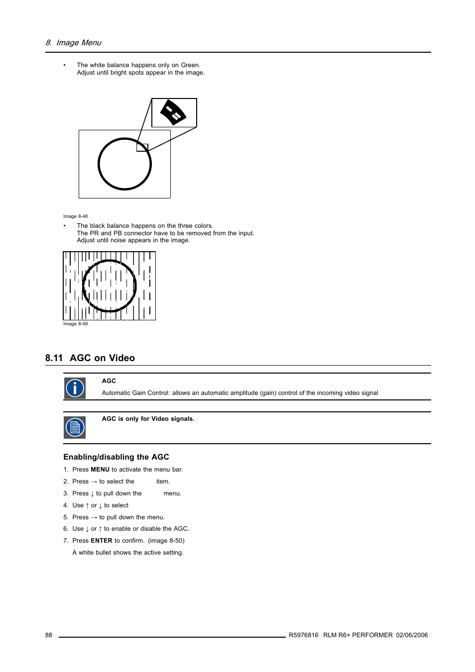 11 agc on video, Agc on video, Image menu | Barco RLM R6+ PERFORMER R9010270 User Manual | Page 92 / 165