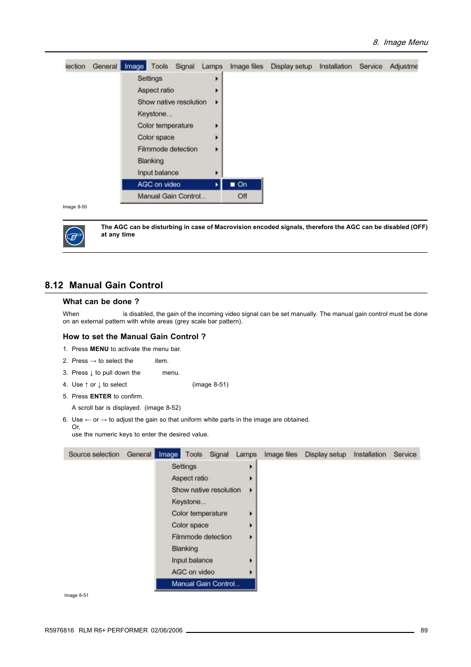 12 manual gain control, Manual gain control | Barco RLM R6+ PERFORMER R9010270 User Manual | Page 93 / 165