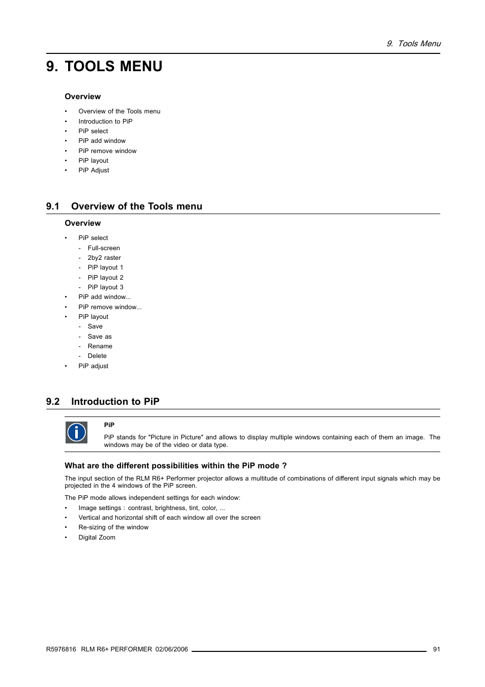 Tools menu, 1 overview of the tools menu, 2 introduction to pip | Overview of the tools menu, Introduction to pip | Barco RLM R6+ PERFORMER R9010270 User Manual | Page 95 / 165