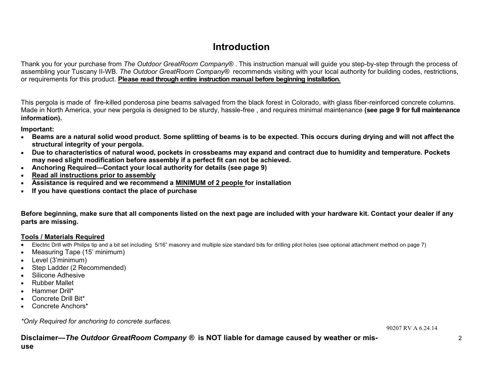 Introduction | Outdoor Great Room Tuscany II-WB Pergola User Manual | Page 2 / 10