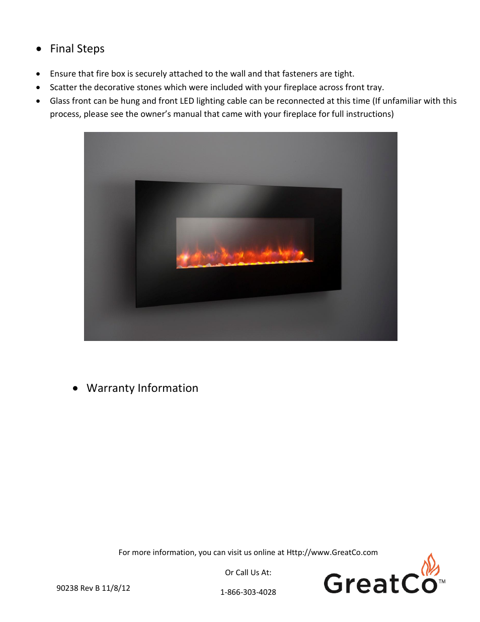 Final steps, Warranty information | Outdoor Great Room Gallery Wall-Mounted Fireplaces User Manual | Page 4 / 4