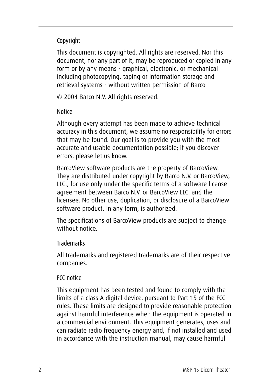 Barco DICOM THEATER MGP 15 User Manual | Page 2 / 102