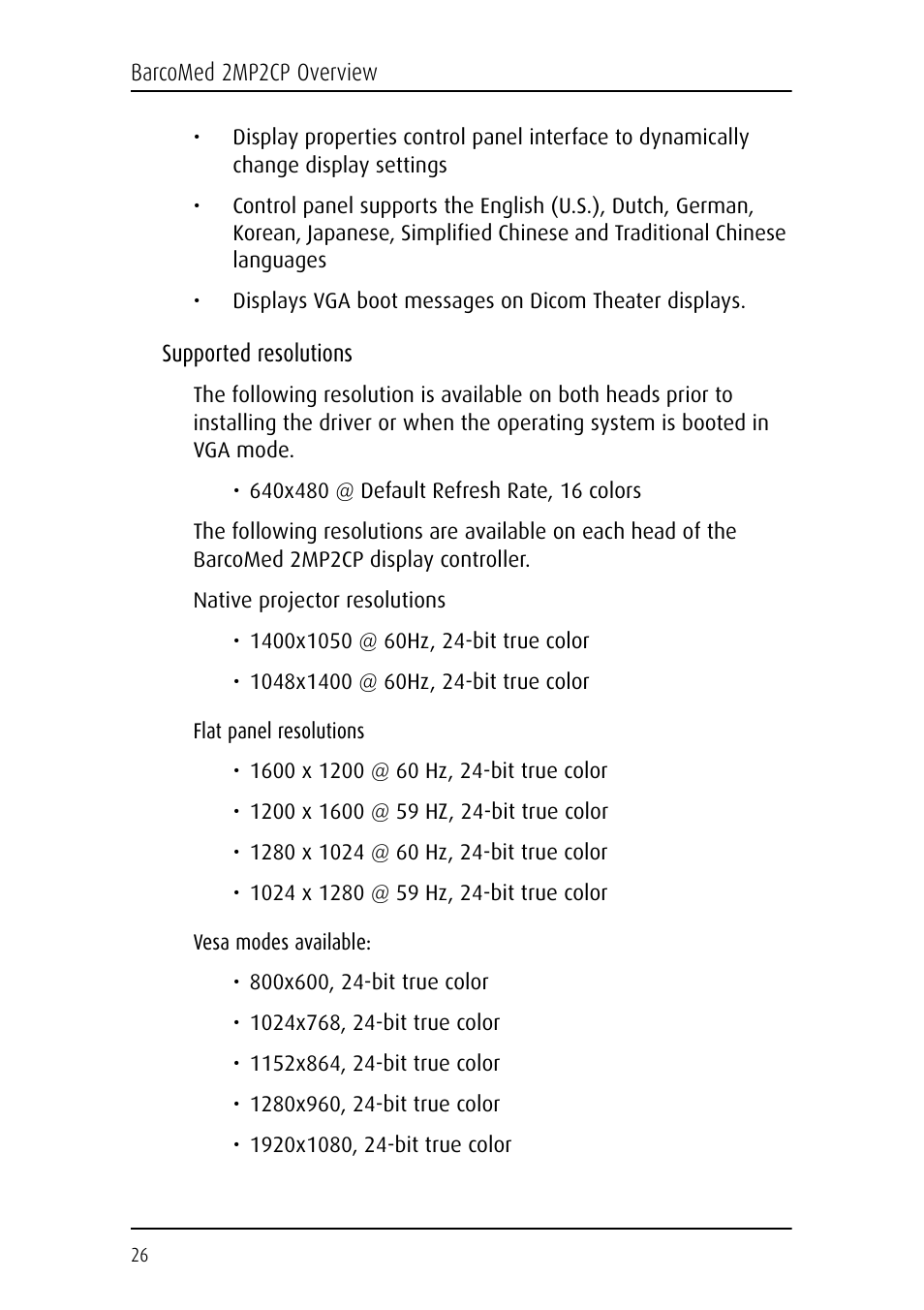 Supported resolutions | Barco DICOM THEATER MGP 15 User Manual | Page 26 / 102