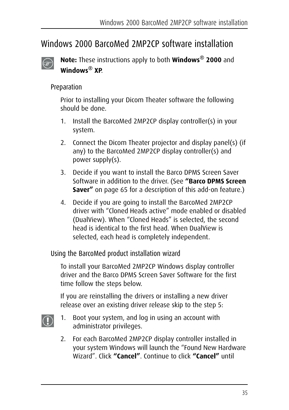 Windows 2000 barcomed 2mp2cp software installation, Preparation, Using the barcomed product installation wizard | Barco DICOM THEATER MGP 15 User Manual | Page 35 / 102