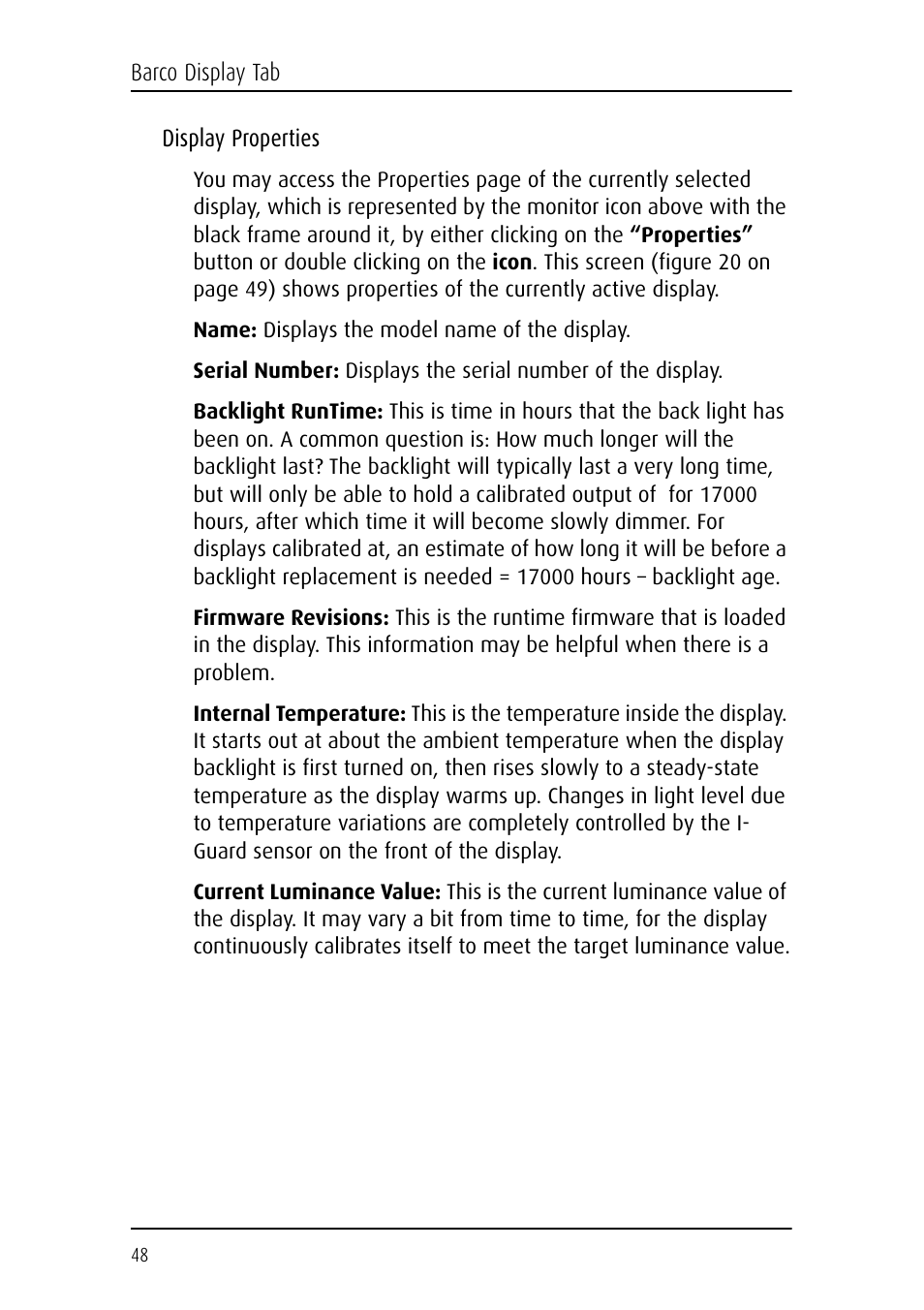 Display properties | Barco DICOM THEATER MGP 15 User Manual | Page 48 / 102