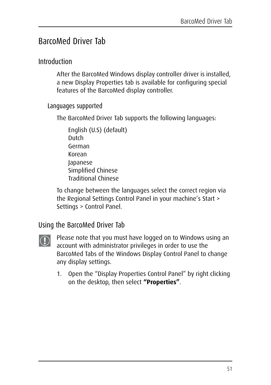 Barcomed driver tab, Introduction, Languages supported | Using the barcomed driver tab | Barco DICOM THEATER MGP 15 User Manual | Page 51 / 102