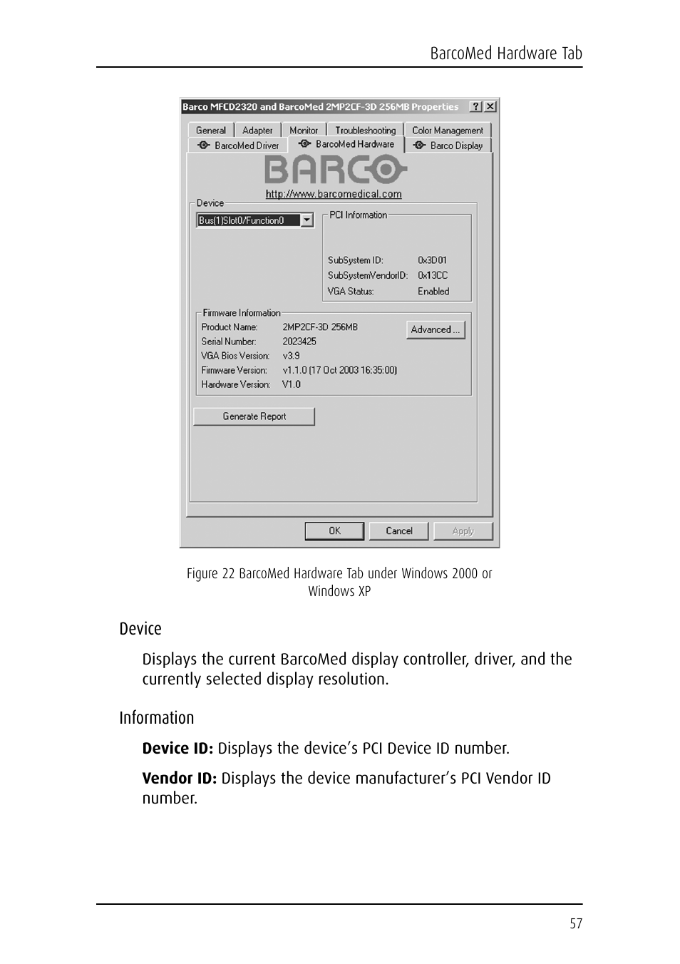Device, Information, Device information | Barco DICOM THEATER MGP 15 User Manual | Page 57 / 102