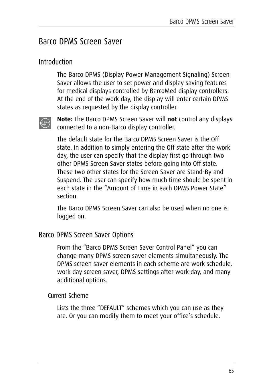 Barco dpms screen saver, Introduction, Barco dpms screen saver options | Current scheme, Introduction barco dpms screen saver options | Barco DICOM THEATER MGP 15 User Manual | Page 65 / 102