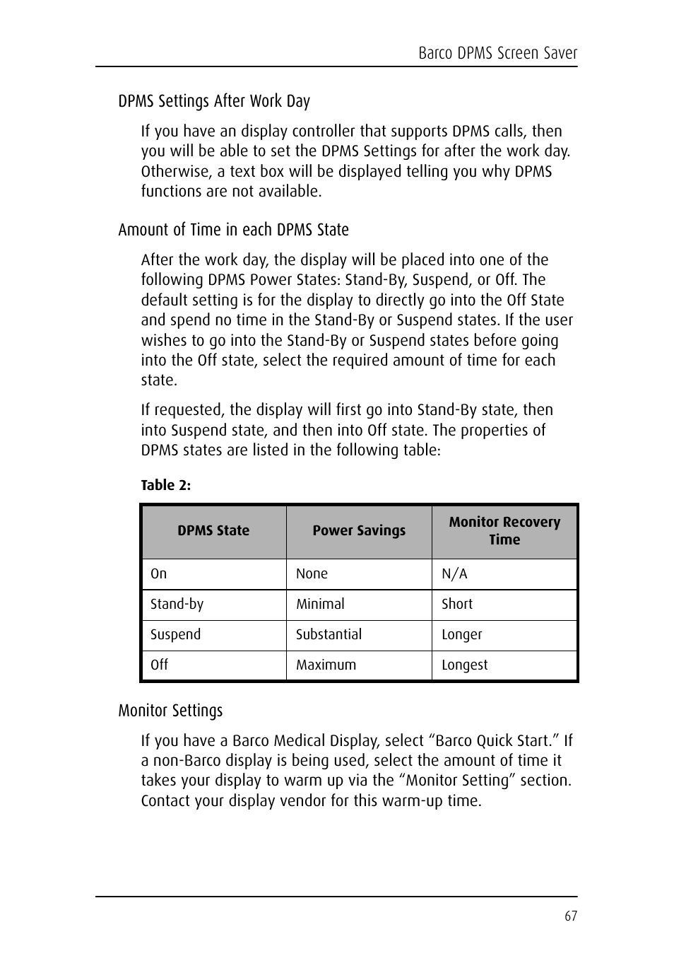 Dpms settings after work day, Amount of time in each dpms state, Monitor settings | Barco DICOM THEATER MGP 15 User Manual | Page 67 / 102