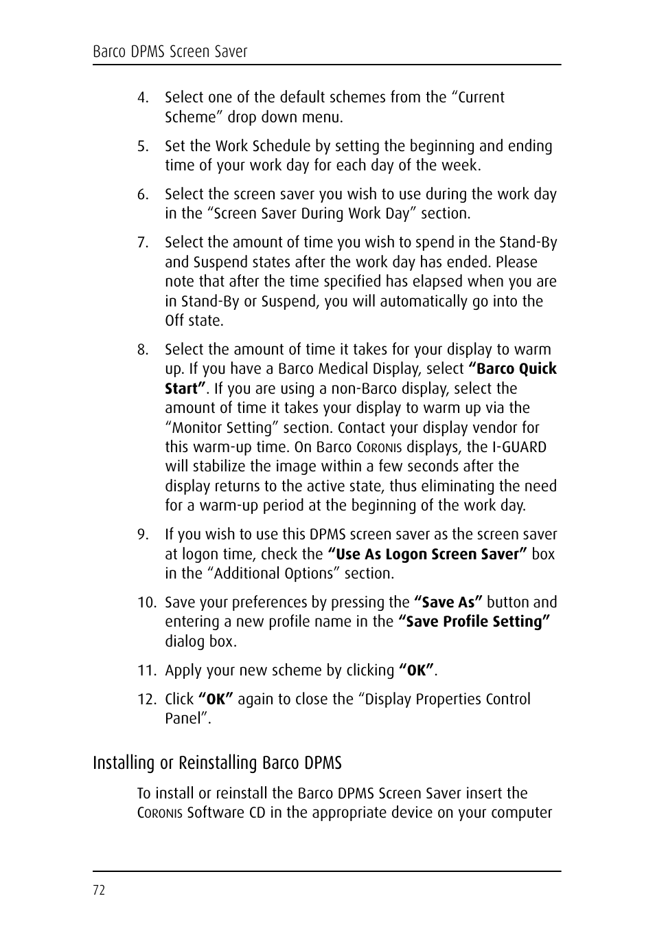 Installing or reinstalling barco dpms | Barco DICOM THEATER MGP 15 User Manual | Page 72 / 102