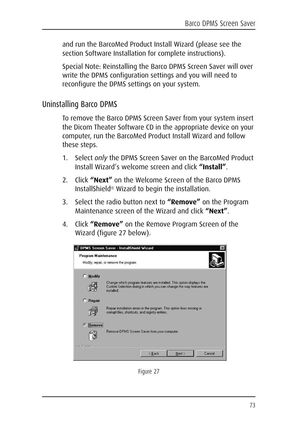 Uninstalling barco dpms | Barco DICOM THEATER MGP 15 User Manual | Page 73 / 102