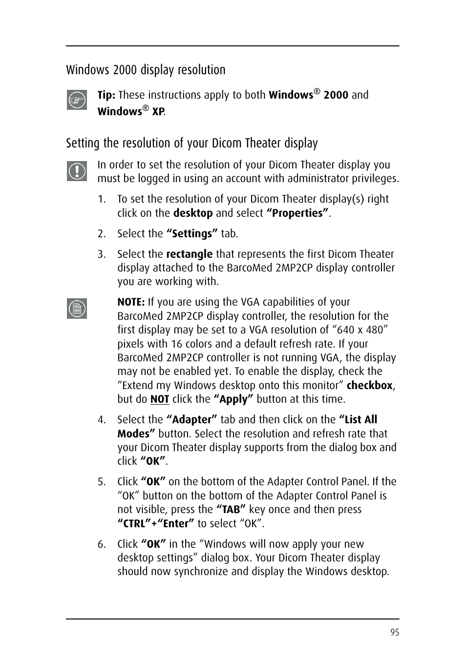 Windows 2000 display resolution | Barco DICOM THEATER MGP 15 User Manual | Page 95 / 102