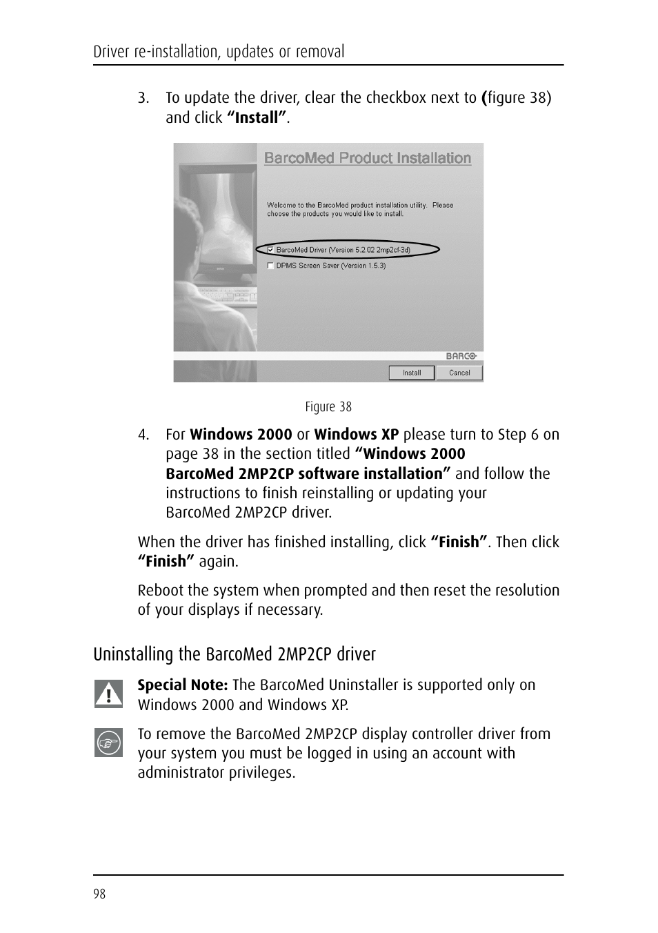 Uninstalling the barcomed 2mp2cp driver | Barco DICOM THEATER MGP 15 User Manual | Page 98 / 102