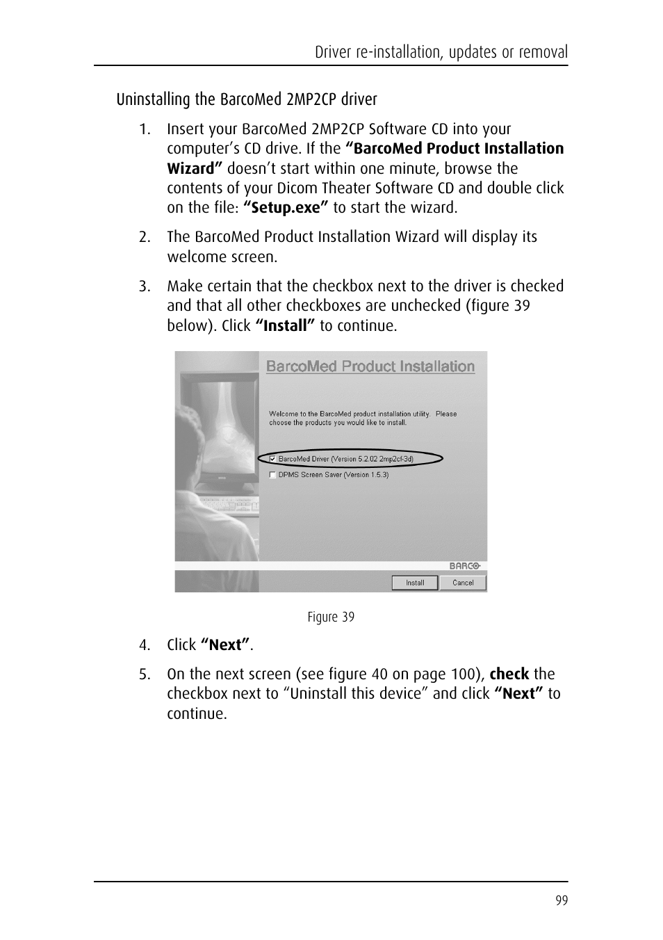 Uninstalling the barcomed 2mp2cp driver | Barco DICOM THEATER MGP 15 User Manual | Page 99 / 102