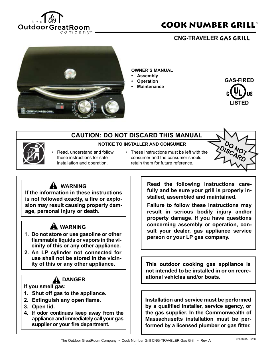 Outdoor Great Room CNG-Traveler Gas Grill User Manual | 16 pages