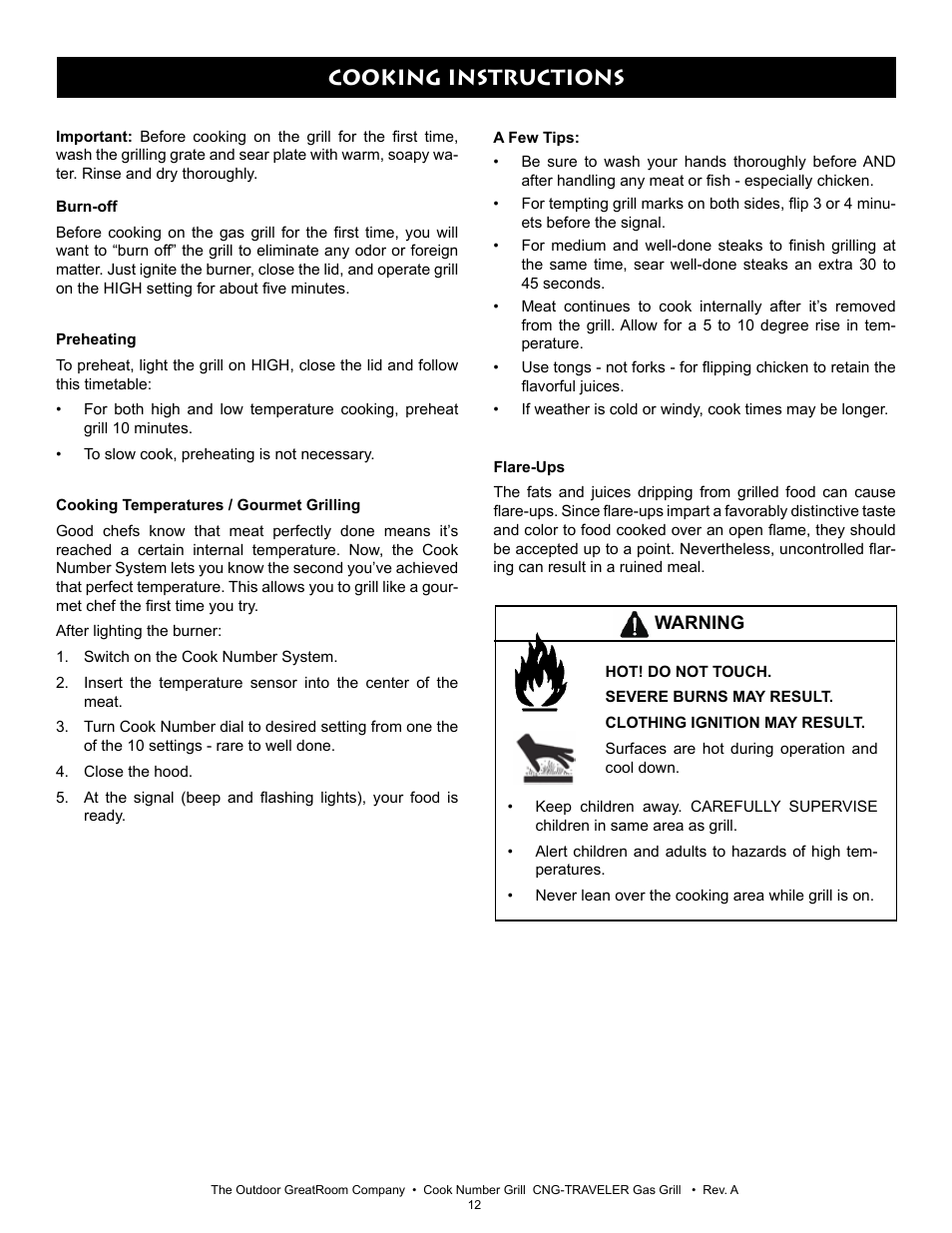 Cooking instructions | Outdoor Great Room CNG-Traveler Gas Grill User Manual | Page 12 / 16