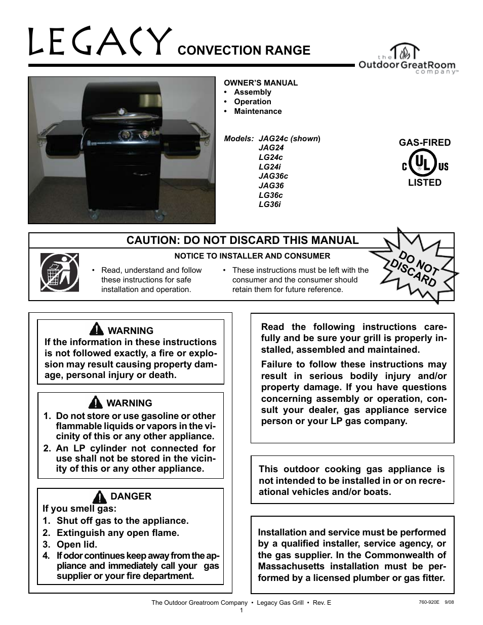 Outdoor Great Room Gas Grill LG36i User Manual | 21 pages