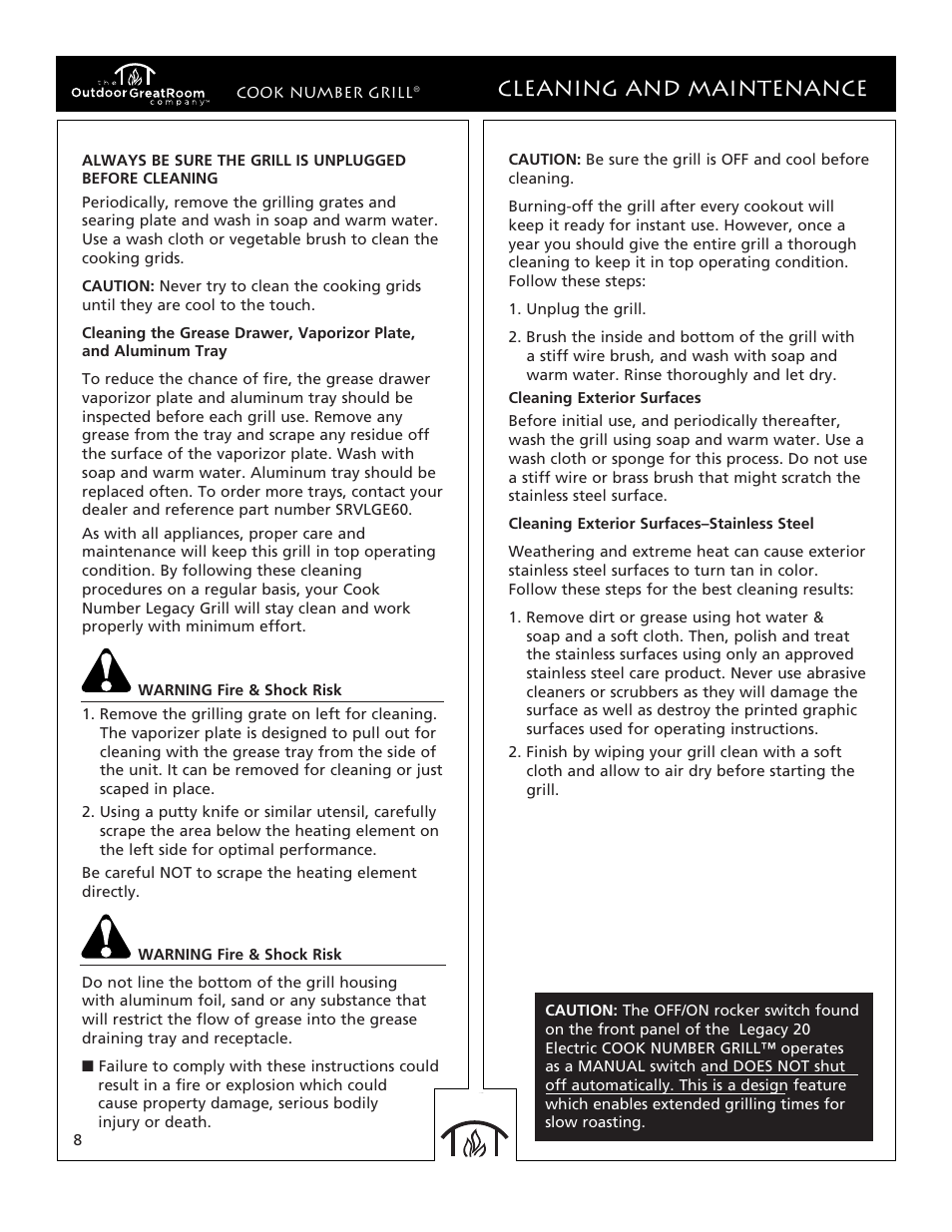 Cleaning and maintenance | Outdoor Great Room Legacy 20 Electric User Manual | Page 8 / 12