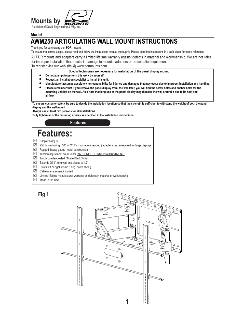 PDR Mounts awm250 User Manual | 8 pages