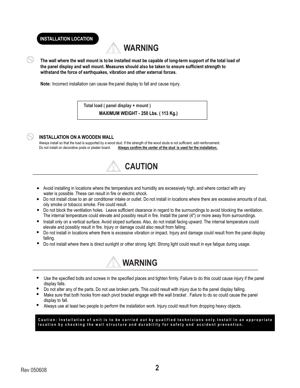 Caution warning warning | PDR Mounts awm250 User Manual | Page 2 / 8