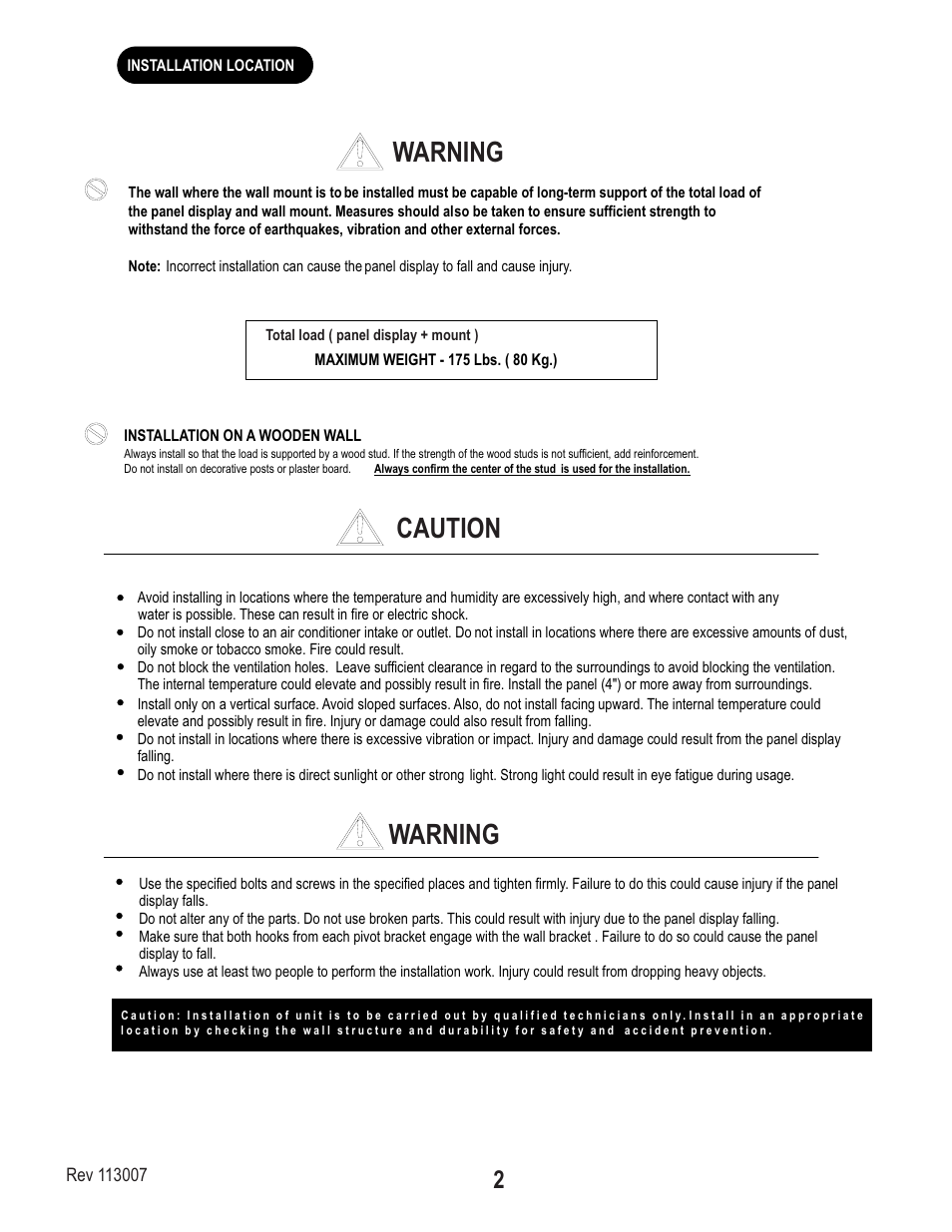 Caution warning warning | PDR Mounts awm175 User Manual | Page 2 / 8
