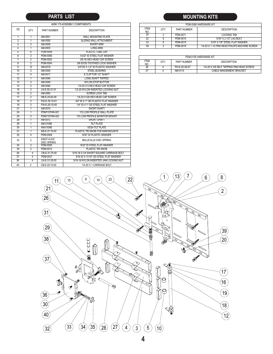Parts list, Mounting kits | PDR Mounts awm175 User Manual | Page 4 / 8