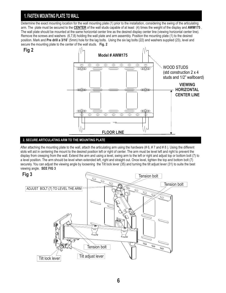 Fasten mounting plate to wall, Fig 2 fig 3 | PDR Mounts awm175 User Manual | Page 6 / 8