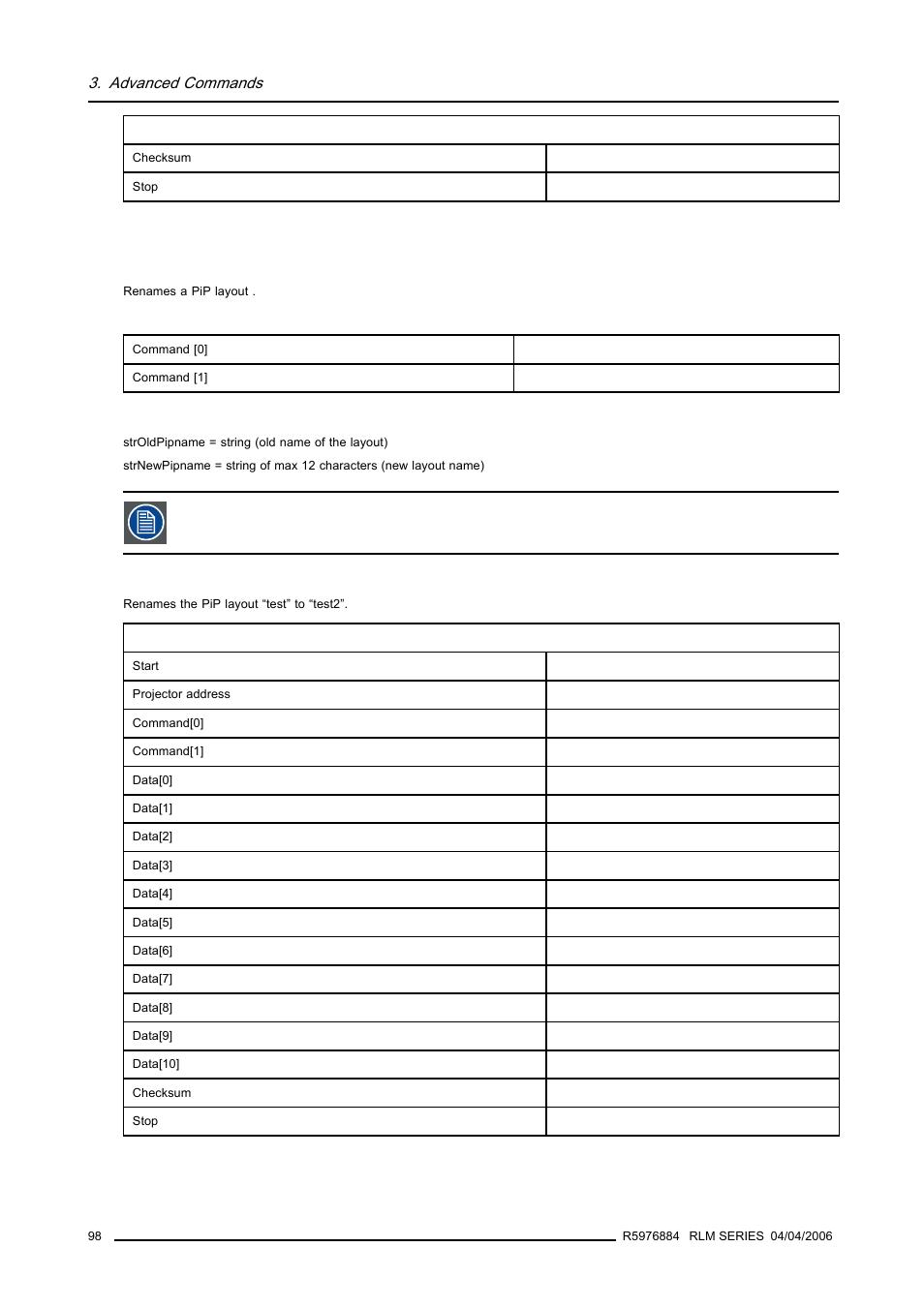 11 pip rename layout, Pip rename layout, Advanced commands | Barco RS232 User Manual | Page 100 / 171