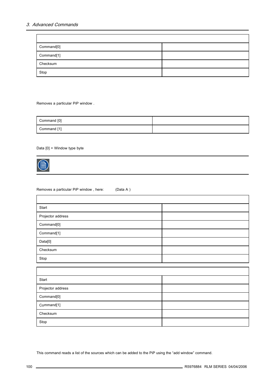 13 pip remove window, 14 addable sources list, read, 100 3.2.14 addable sources list, read | Pip remove window, Addable sources list, read, Advanced commands | Barco RS232 User Manual | Page 102 / 171