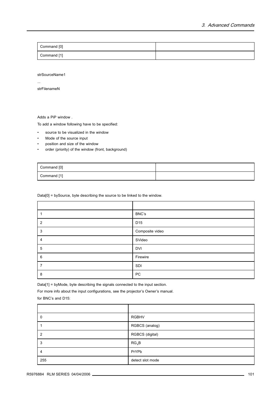 15 pip add window, Pip add window, Advanced commands | Barco RS232 User Manual | Page 103 / 171