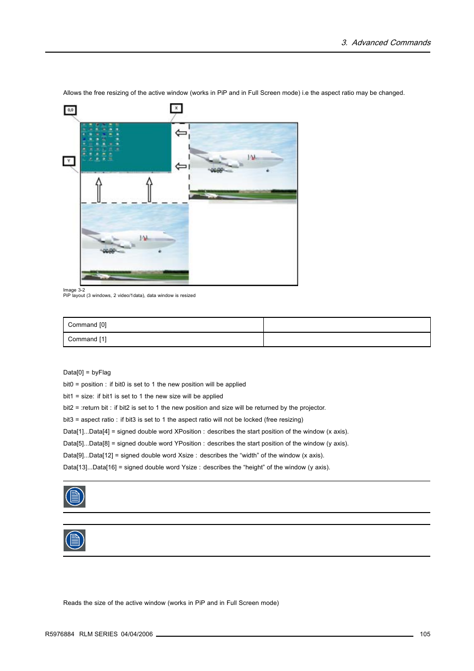 20 pip free window size, write, 21 pip free window size, read, Pip free window size, write | Pip free window size, read | Barco RS232 User Manual | Page 107 / 171