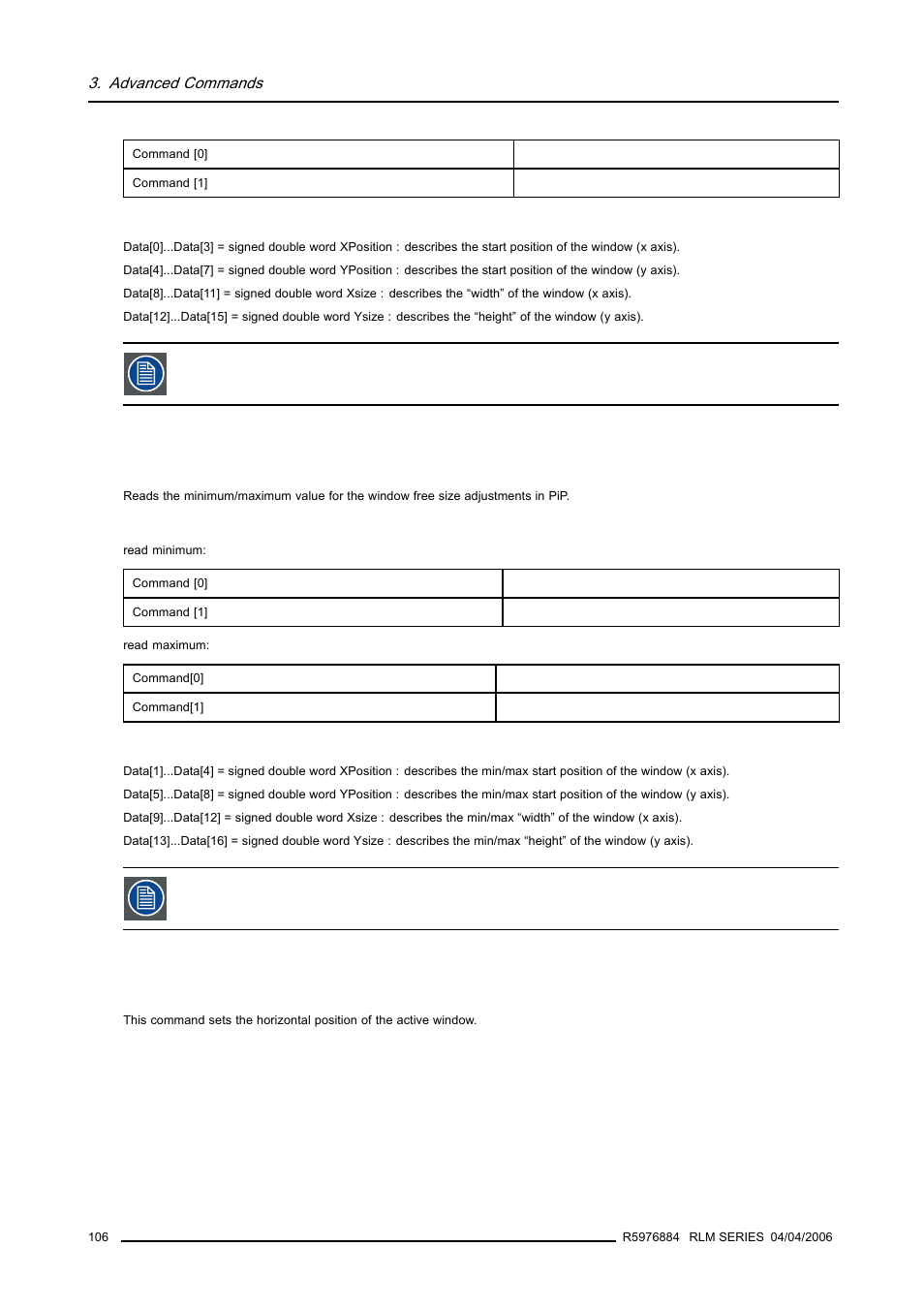 22 pip window free size, read min/max, 23 window horizontal position, write, 106 3.2.23 window horizontal position, write | Pip window free size, read min/max, Window horizontal position, write | Barco RS232 User Manual | Page 108 / 171