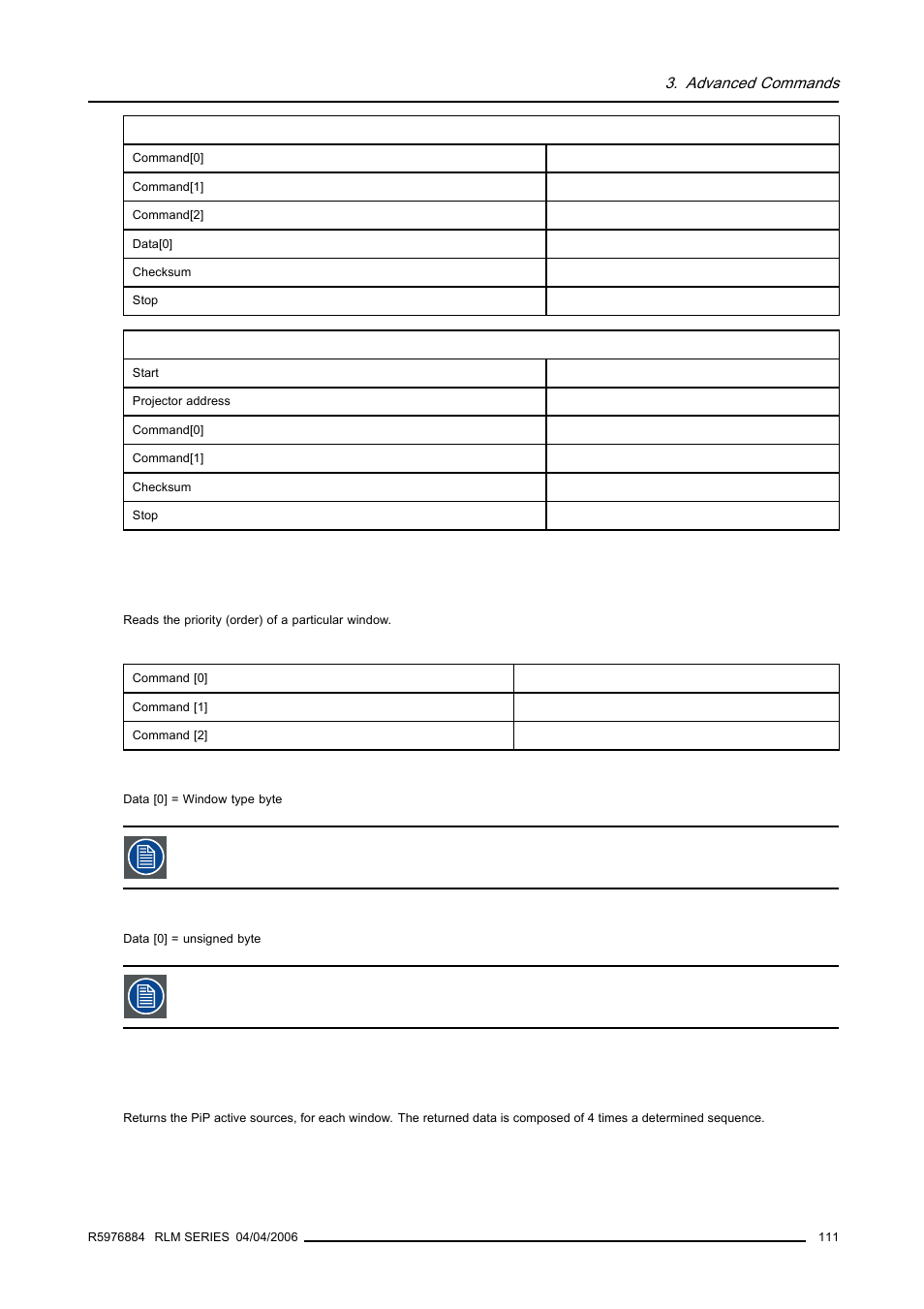 31 priority, read, 32 pip list active sources, read, 111 3.2.32 pip list active sources, read | Priority, read, Pip list active sources, read | Barco RS232 User Manual | Page 113 / 171