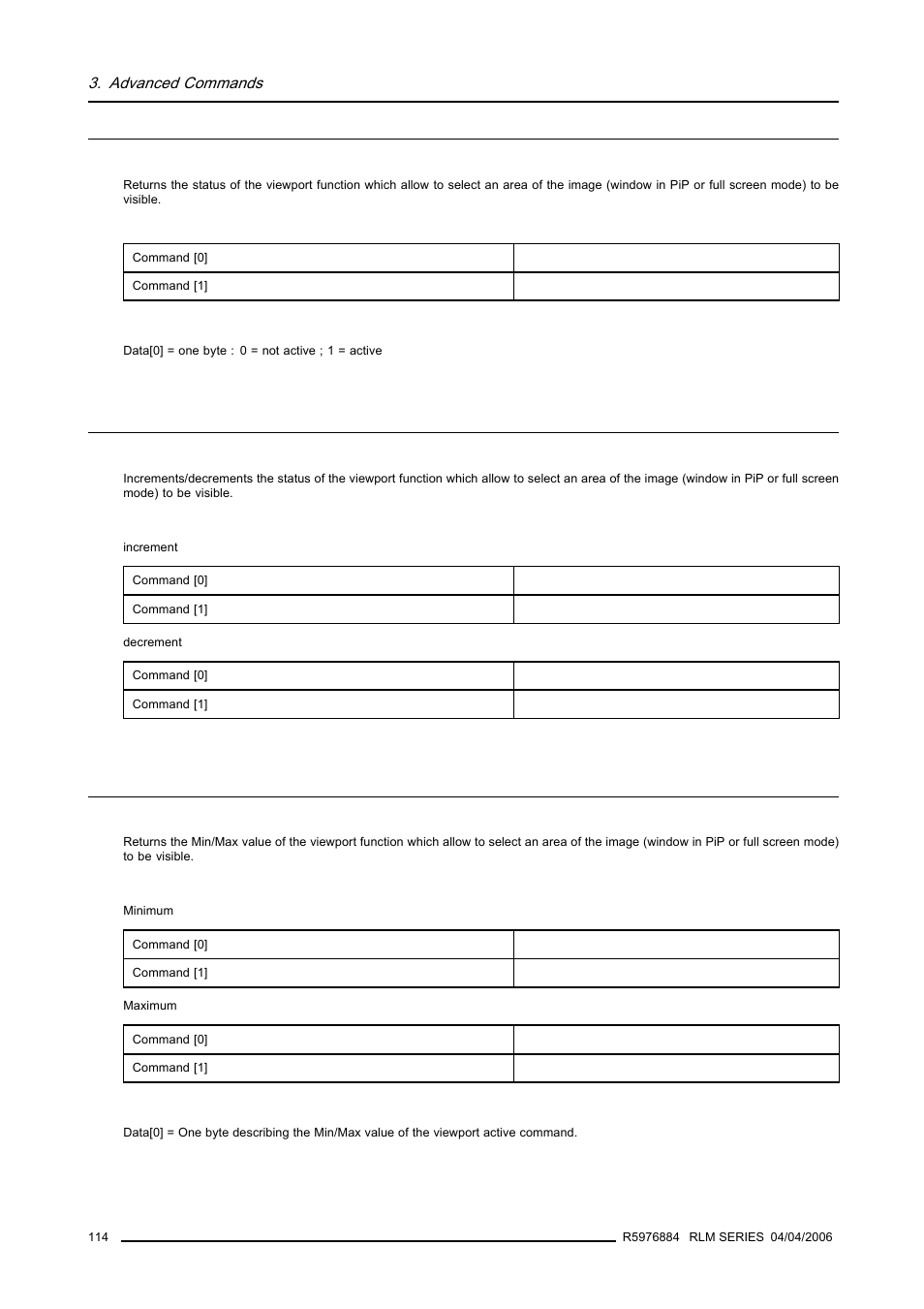 4 viewport active, read, 5 viewport active, increment/decrement, 6 viewport active min/max, read | Viewport active, read, Viewport active, increment/decrement, Viewport active min/max, read | Barco RS232 User Manual | Page 116 / 171