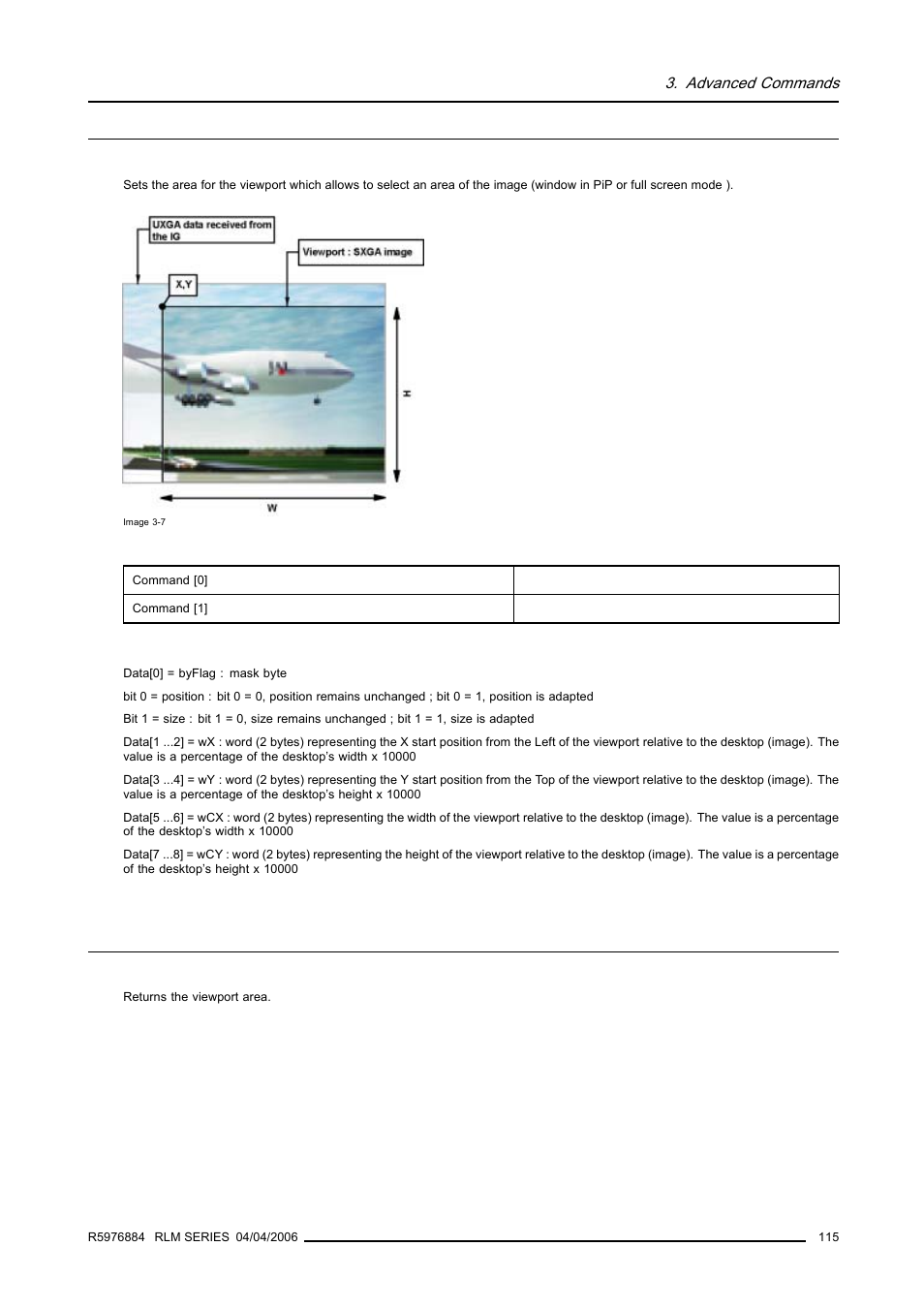 7 viewport area, write, 8 viewport area, read, Viewport area, write | Viewport area, read | Barco RS232 User Manual | Page 117 / 171