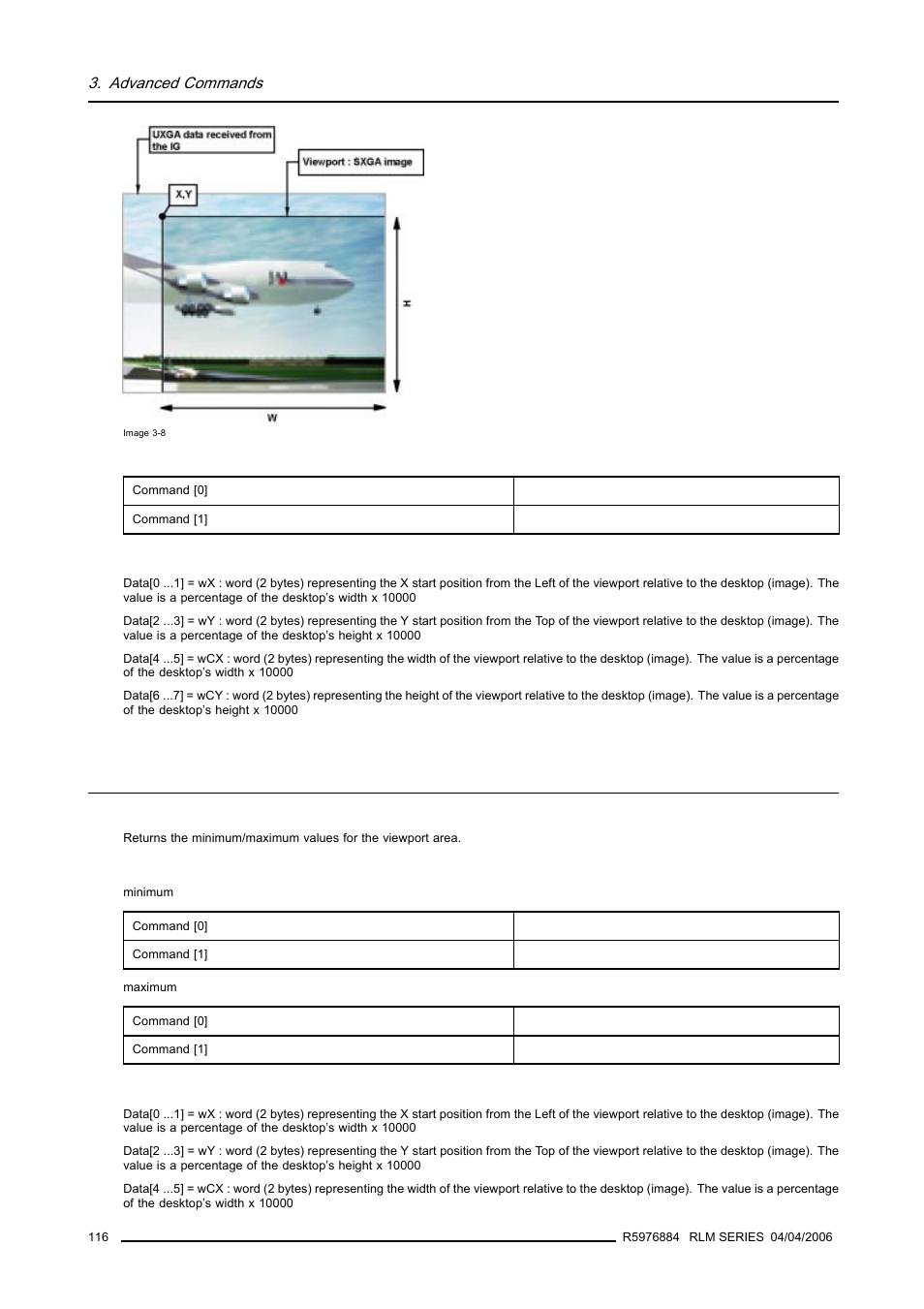 9 viewport area min/max, read, Viewport area min/max, read | Barco RS232 User Manual | Page 118 / 171