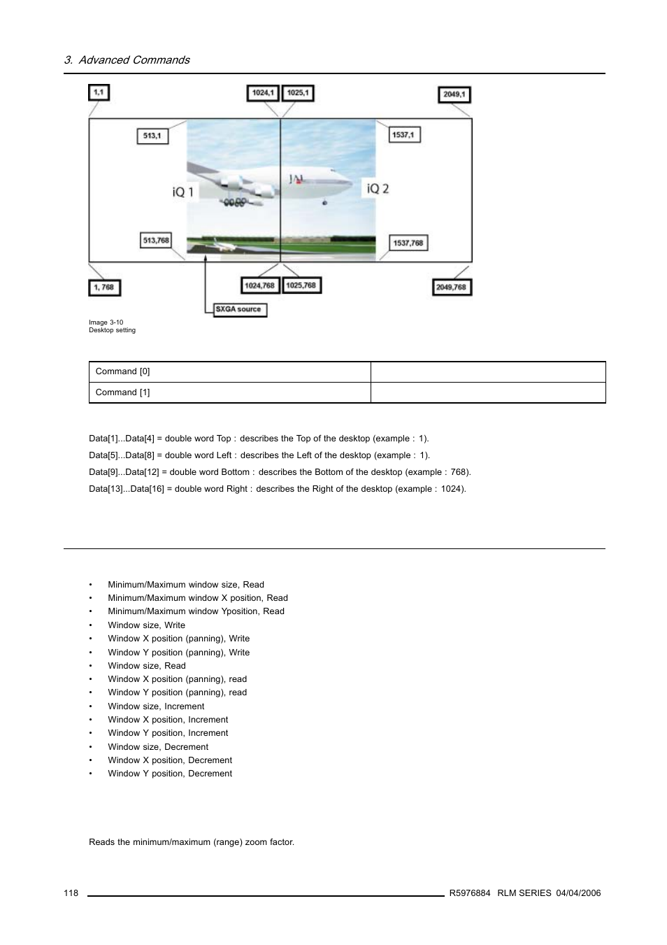 12 digital zoom, 1 minimum/maximum window size, read, Digital zoom | Advanced commands | Barco RS232 User Manual | Page 120 / 171