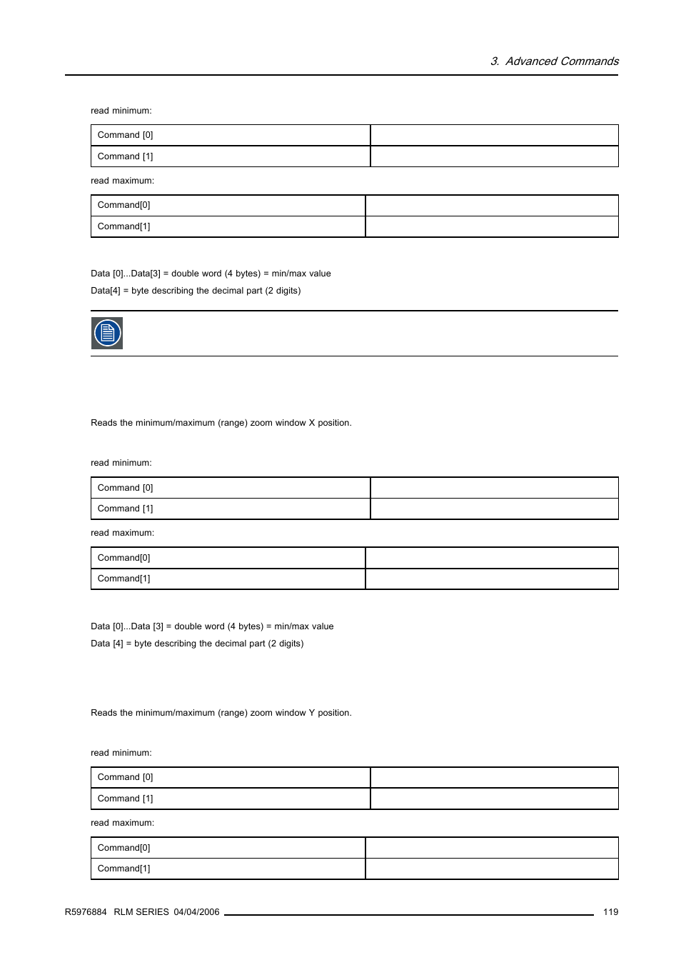 2 minimum/maximum window x position, read, 3 minimum/maximum window yposition, read, 119 3.12.3 minimum/maximum window yposition, read | Minimum/maximum window x position, read, Minimum/maximum window yposition, read | Barco RS232 User Manual | Page 121 / 171