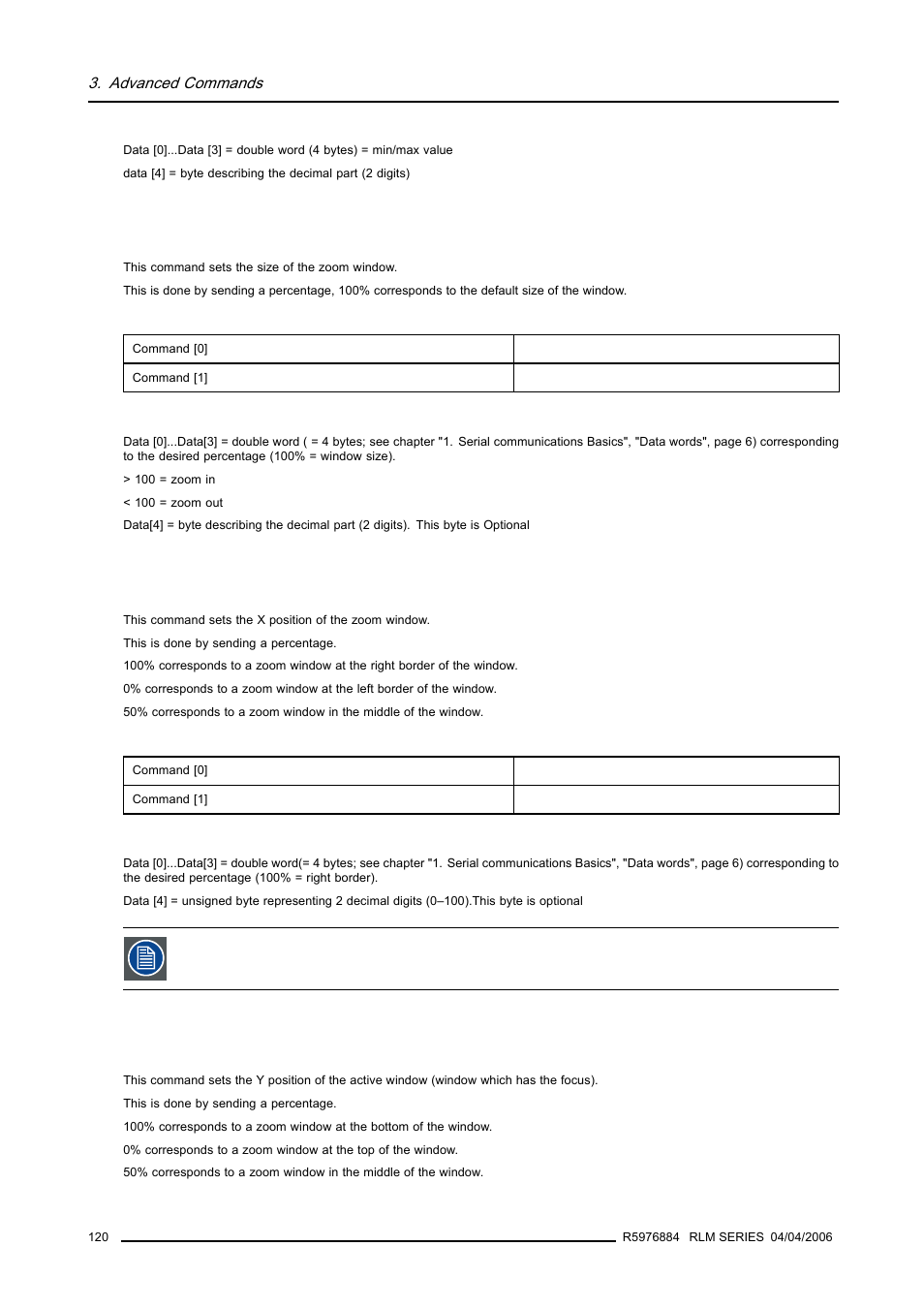 4 window size, write, 5 window x position (panning), write, 6 window y position (panning), write | 120 3.12.5 window x position (panning), write, 120 3.12.6 window y position (panning), write, Window size, write, Window x position (panning), write, Window y position (panning), write | Barco RS232 User Manual | Page 122 / 171