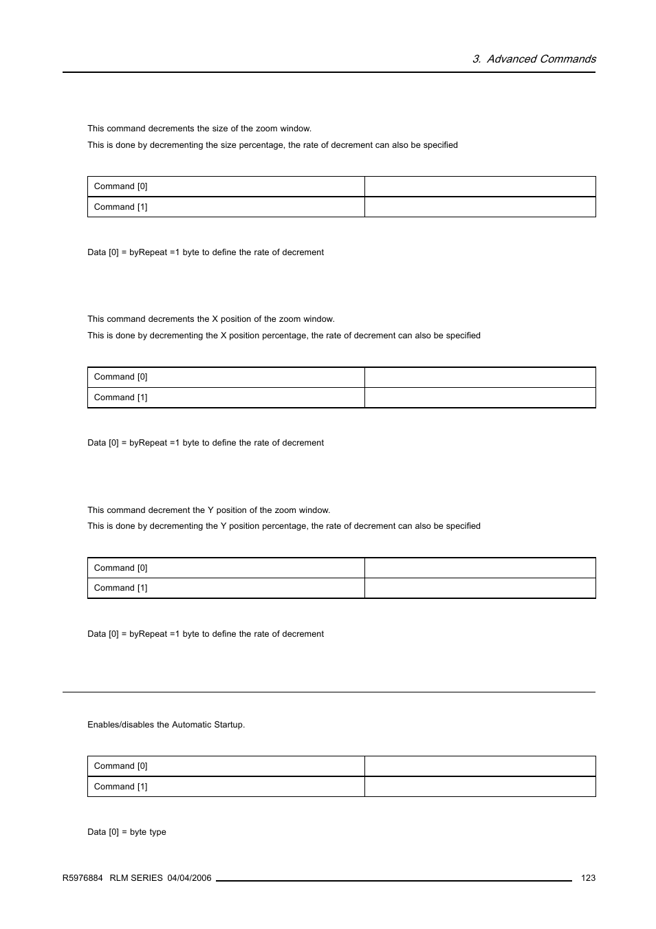 13 window size, decrement, 14 window x position, decrement, 15 window y position, decrement | 13 automatic startup, write, 123 3.12.14 window x position, decrement, 123 3.12.15 window y position, decrement, Automatic startup, write, Window size, decrement, Window x position, decrement, Window y position, decrement | Barco RS232 User Manual | Page 125 / 171