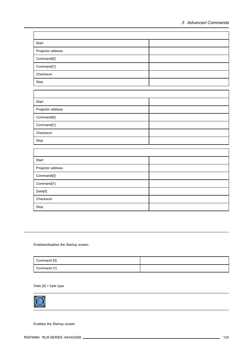 15 startup screen, write, Startup screen, write, Advanced commands | Barco RS232 User Manual | Page 127 / 171
