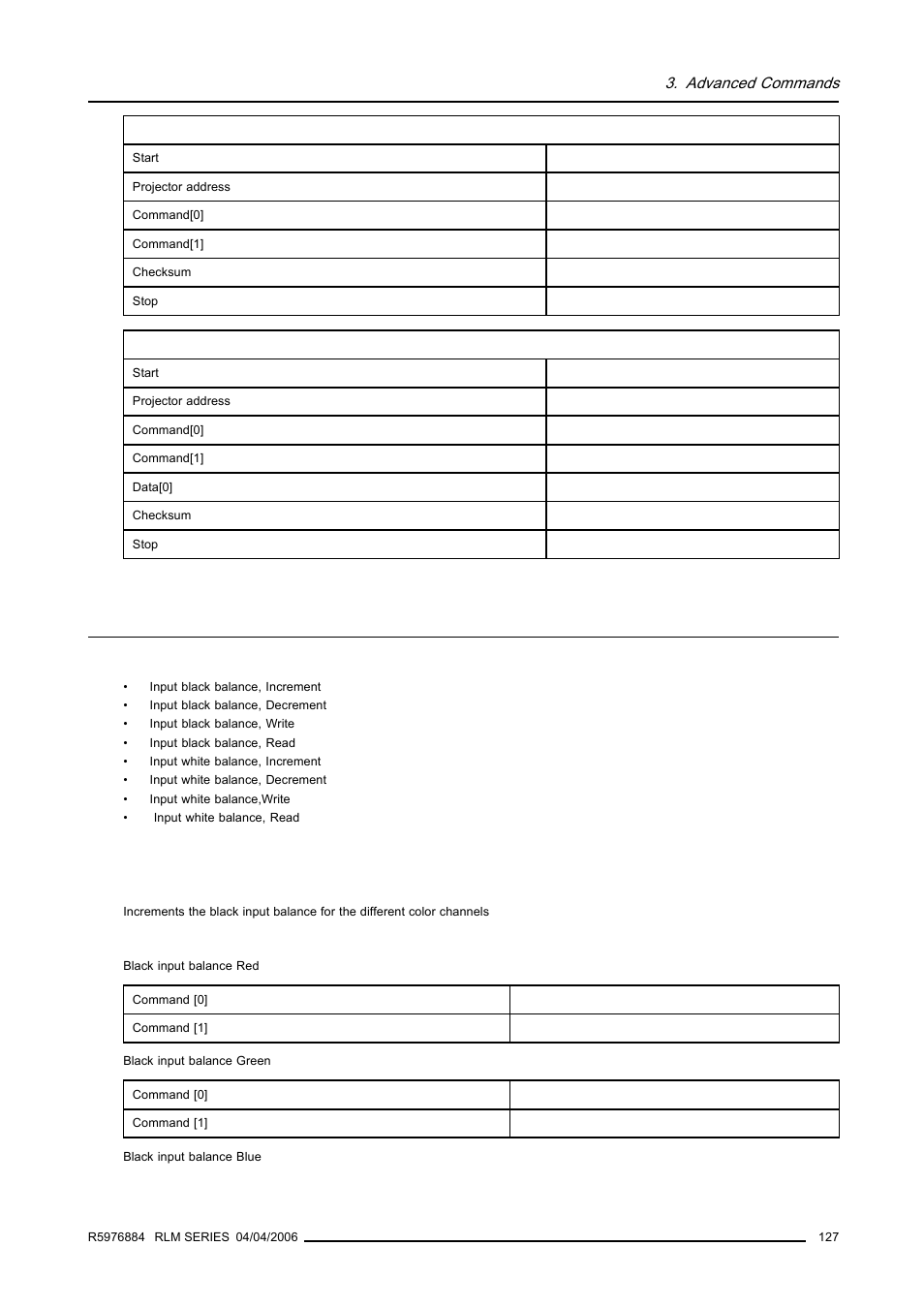 17 input balance, 1 input black balance, increment, Input balance | Advanced commands | Barco RS232 User Manual | Page 129 / 171