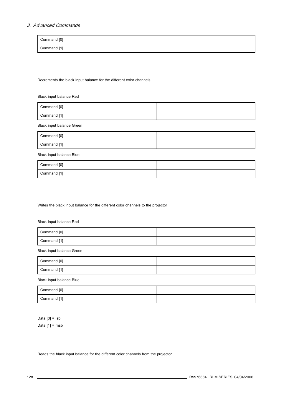 2 input black balance, decrement, 3 input black balance, write, 4 input black balance, read | 128 3.17.3 input black balance, write, 128 3.17.4 input black balance, read, Input black balance, decrement, Input black balance, write, Input black balance, read | Barco RS232 User Manual | Page 130 / 171