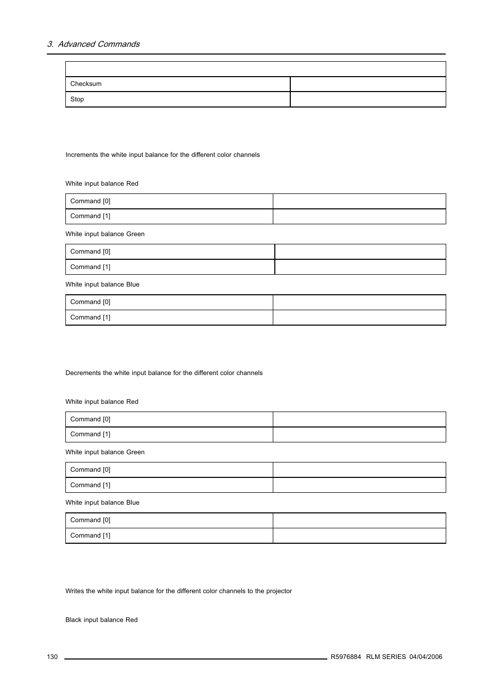 5 input white balance, increment, 6 input white balance, decrement, 7 input white balance,write | 130 3.17.6 input white balance, decrement, 130 3.17.7 input white balance,write, Input white balance, increment, Input white balance, decrement, Input white balance,write | Barco RS232 User Manual | Page 132 / 171