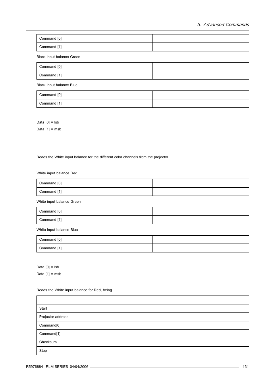 8 input white balance, read, Input white balance, read, Advanced commands | Barco RS232 User Manual | Page 133 / 171