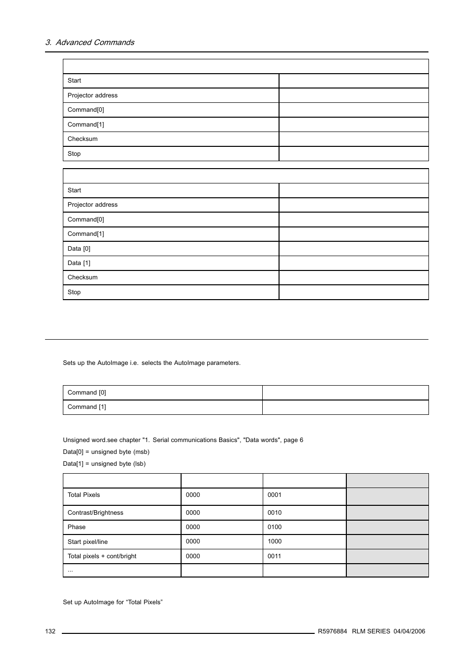 18 autoimage setup, write, Autoimage setup, write, Advanced commands | Barco RS232 User Manual | Page 134 / 171