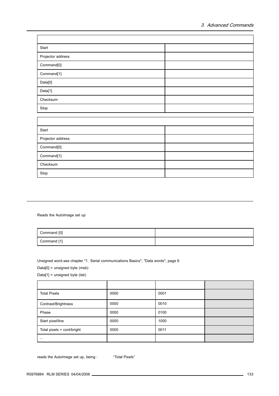 19 autoimage setup, read, Autoimage setup, read, Advanced commands | Barco RS232 User Manual | Page 135 / 171