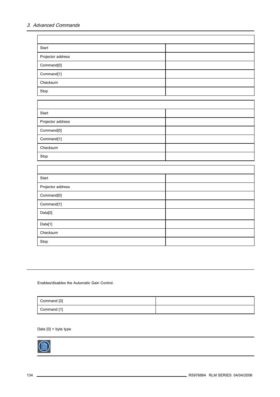 20 automatic gain control, write, Automatic gain control, write, Advanced commands | Barco RS232 User Manual | Page 136 / 171