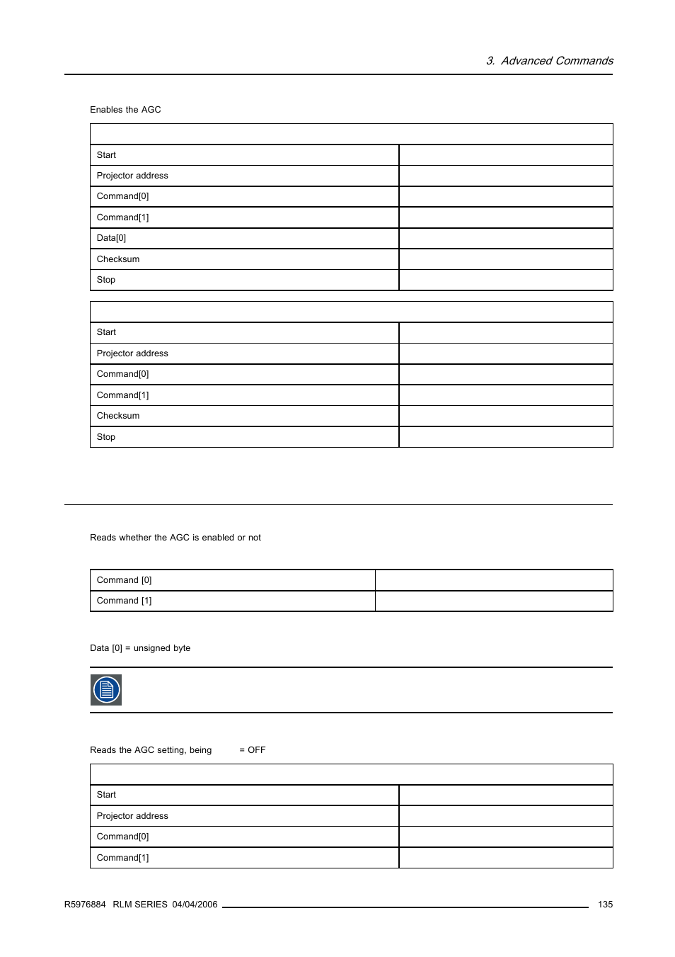 21 automatic gain control, read, Automatic gain control, read, Advanced commands | Barco RS232 User Manual | Page 137 / 171